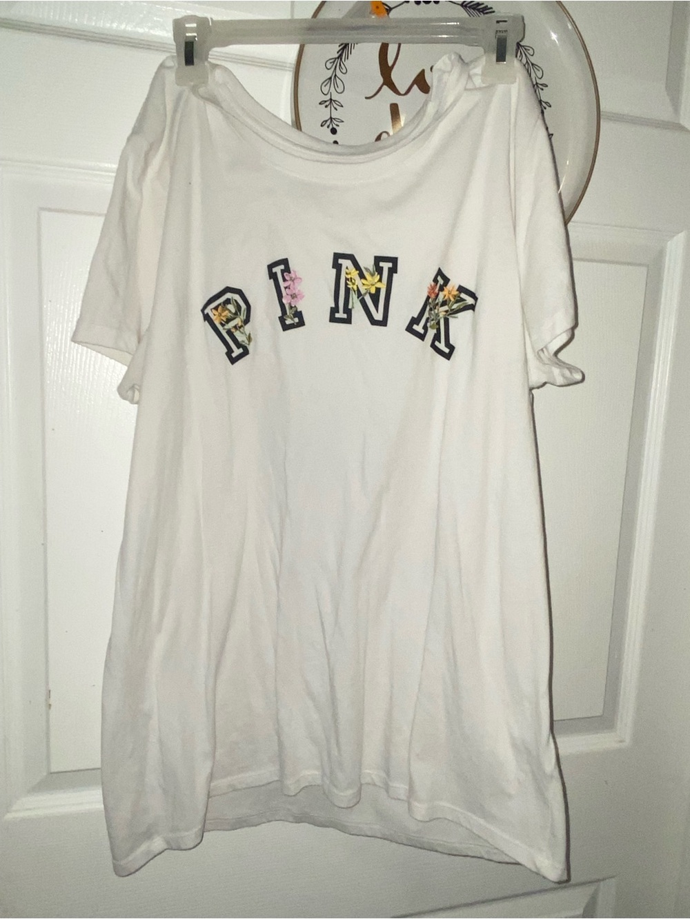 PINK Victoria's Secret White Short-Sleeve Tee with Floral Lettering